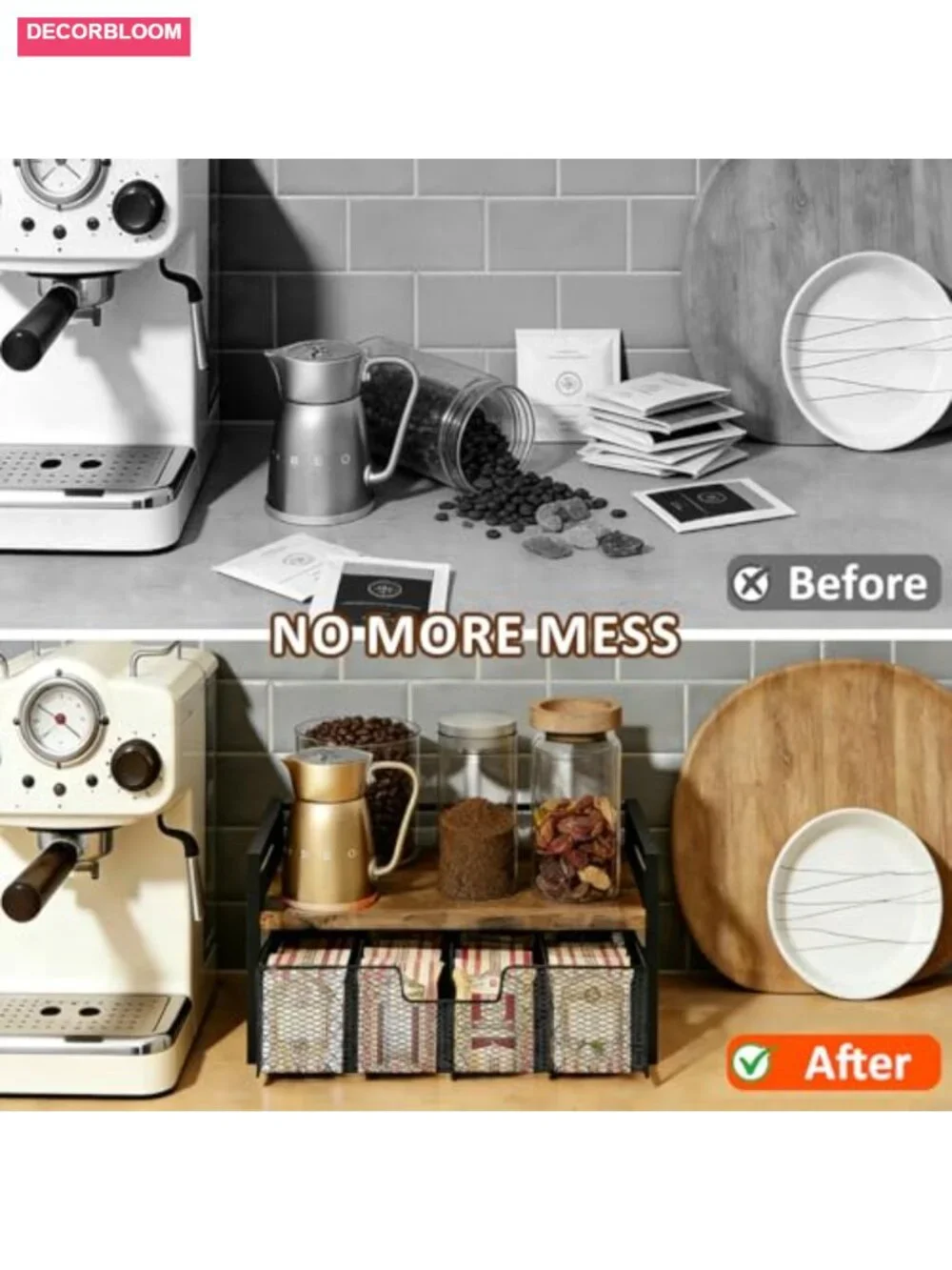 Tea Bag Organizer with Drawer Natural Wood & Metal 8 Compartments with Hooks